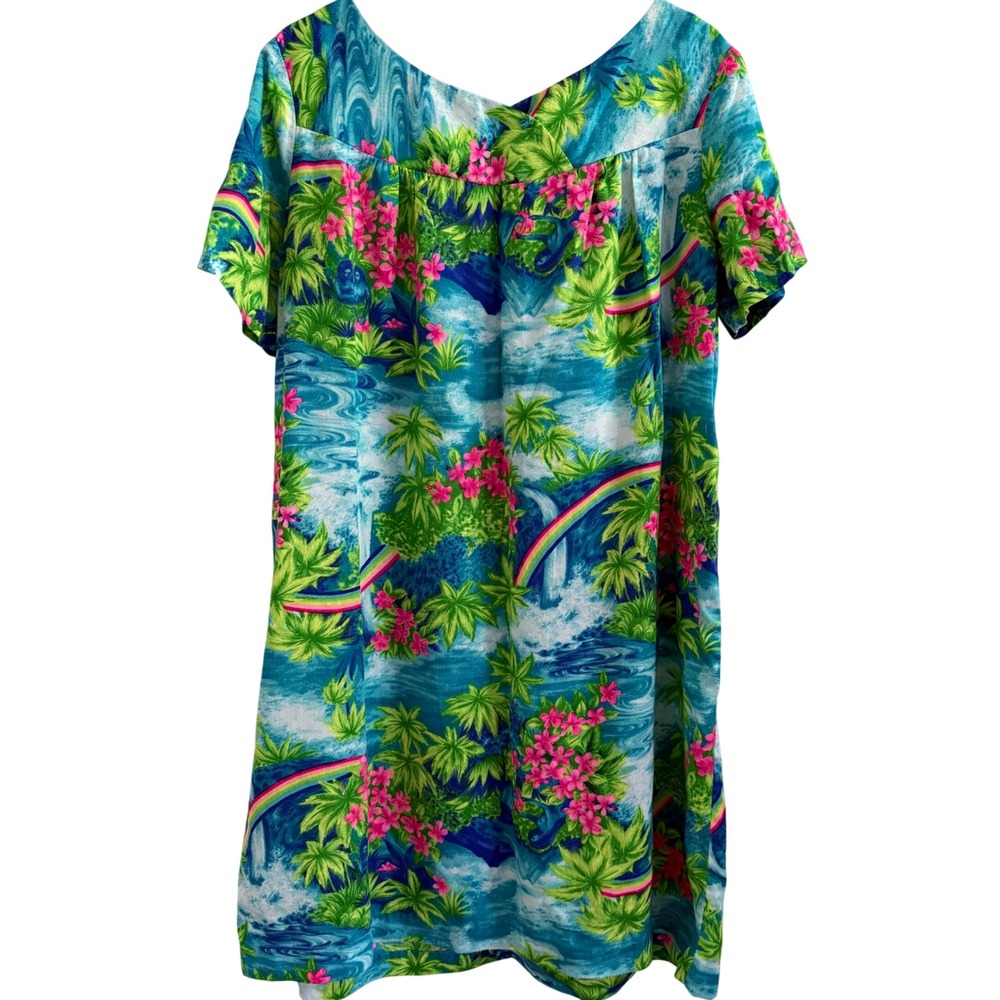 Vintage Pomare Hawaii Muumuu Dress Womens Size M Rainbow Tropical Tiki Print